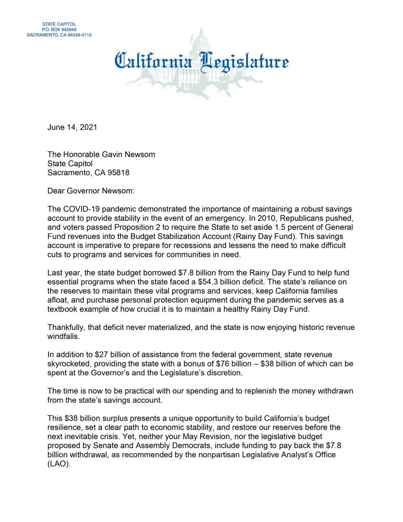 Letter to Governor to Replenish the Rainy Day Fund