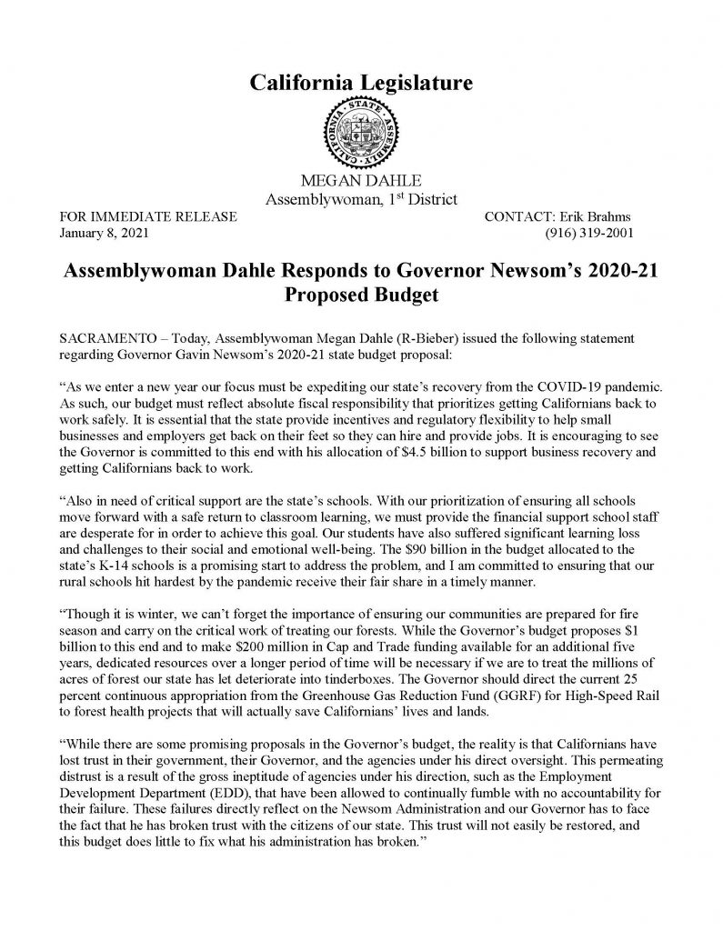 Assemblywoman Dahle Responds to Governor Newsom’s 2020-21 Proposed Budget 1