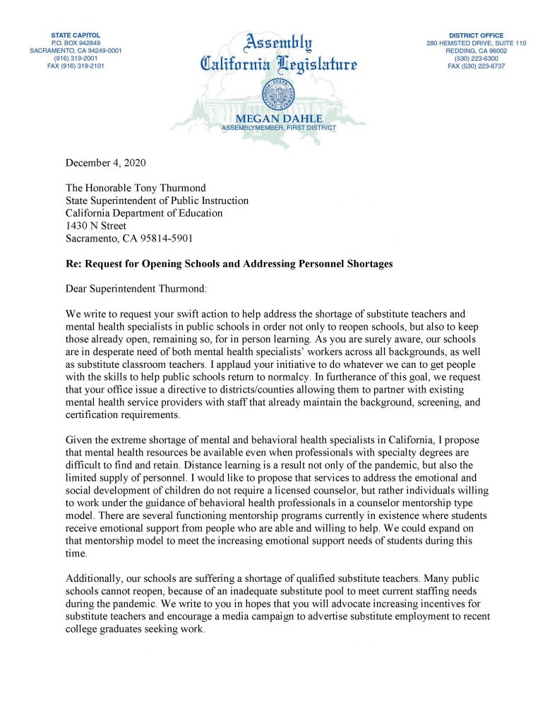Assemblywoman Dahle and County Superintendents Letter on Subs and Mentors Support
