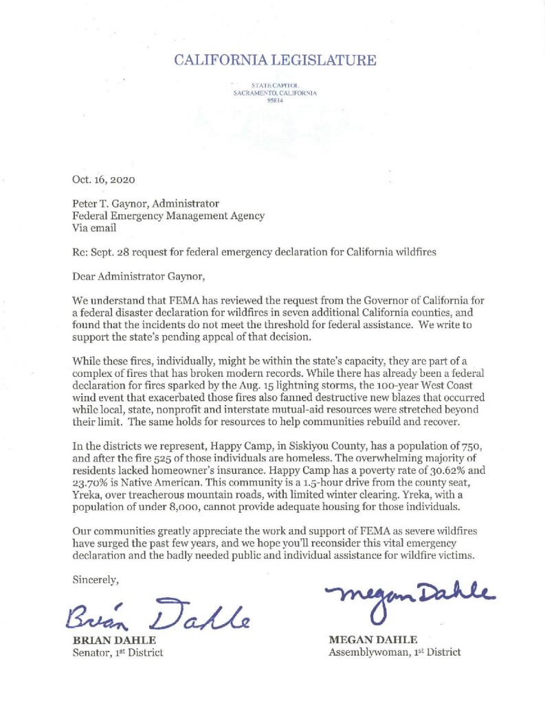 Letter to Request for Federal Emergency Declaration for California Wildfires