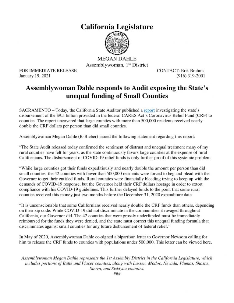 Assemblywoman Dahle responds to Audit exposing the State’s unequal funding of Small Counties