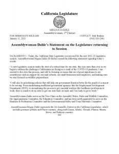 Assemblywoman Dahle's Statement on Retuning to Session