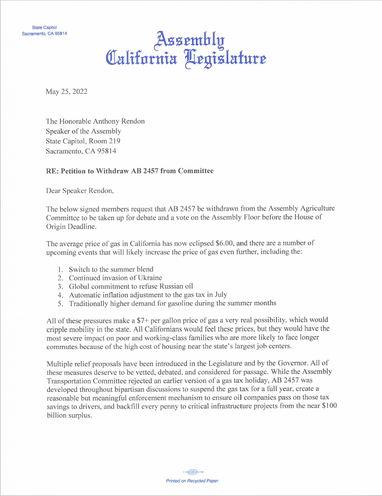 AB 2457 Gas Tax Suspension Letter